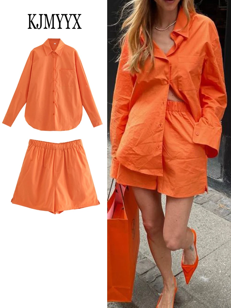 

KJMYYX 2 Piece Shorts Set Suit Women Casual Orange Cotton Shirts Summer Lapel Collar Blouses+ Female Chic High Waist Shorts