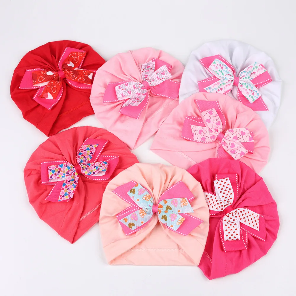 

Pink Cotton Beanie Love Print Ribbon Bow Baby Girls Headwrap Cap Newborn Warm Turban Hat Large Bowknot Fabric Bonnet Toddler