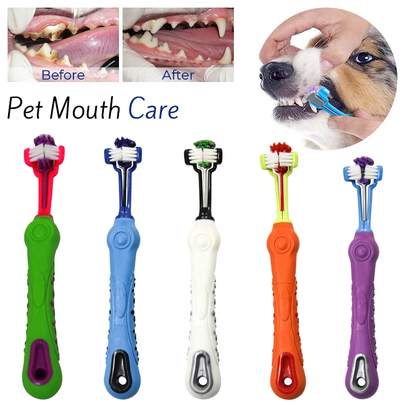 

Multi-functional three-sided pet toothbrush three-head multi-angle toothbrush cleaning dog cat brush bad breath tooth care tool