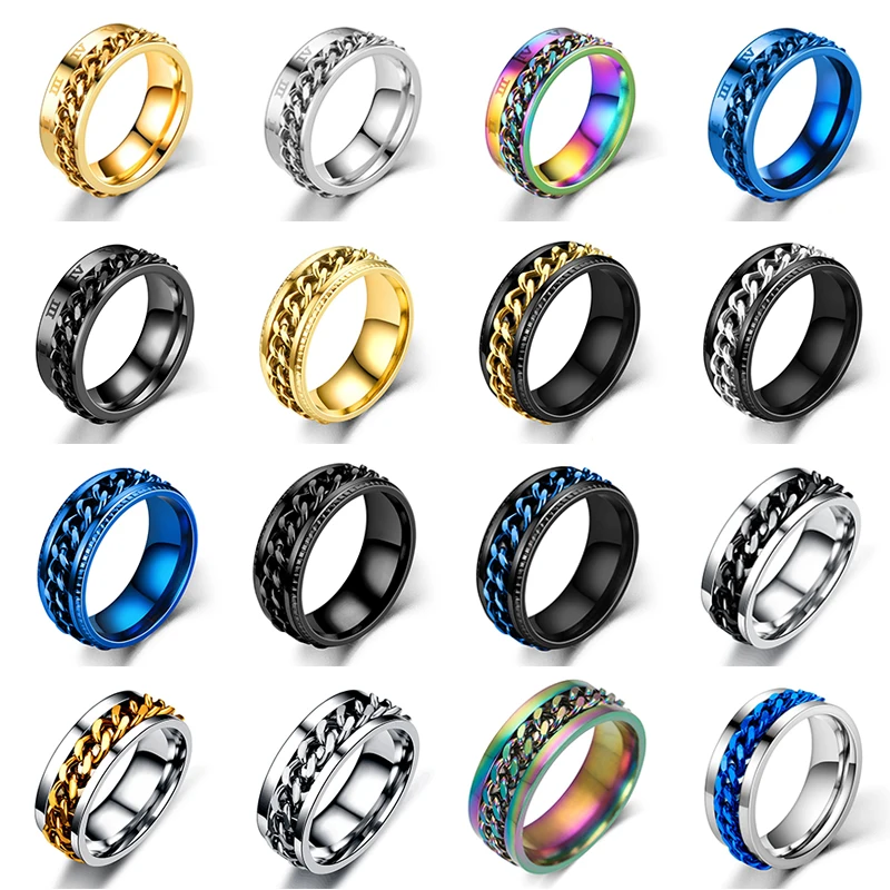 Titanium Steel Rotatable Chain Couple Ring Anxiety Multifunctional Jewelry Fashion 8mm Fidget Spinner Rings Power Sense Gifts