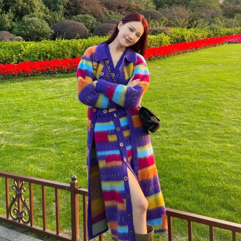 

Autumn Winter Harajuku Loose Rainbow Striped Knitted Dress Women 's Chic Long Sleeve Knitting Cardigan Plush Sweater Dress Coat