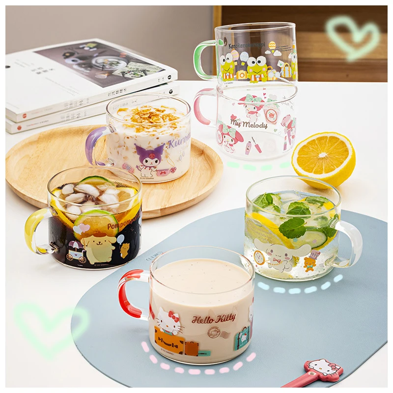 Sanrioed Kawaii Cartoon Printing Borosilicate Water Cup My Melody Cinnamoroll Kuromi Purin Dog Anime Girly Style Juice Cup Cute