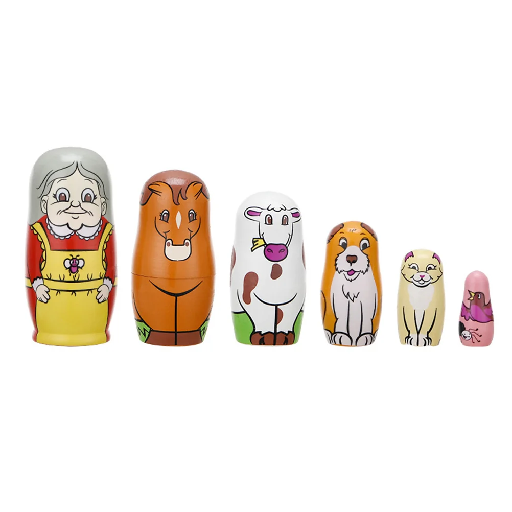 

6 Pcs Matryoshka Wooden Decor Stacking Toy Nesting Cartoon Grandmother Pattern Kids Child Russian toys