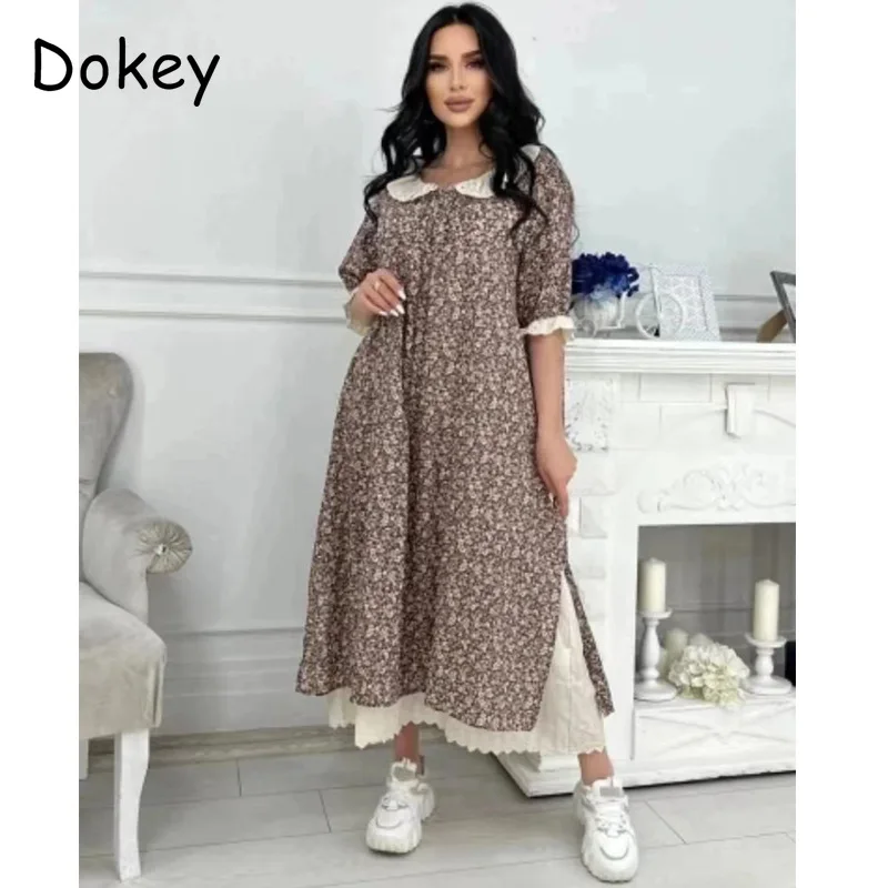 Summer Cotton Linen Ruffle Vintage Floral Dress Women Japanese Mori Girl Doll Collar Puff Sleeve Loose Oversized Pullover Dress