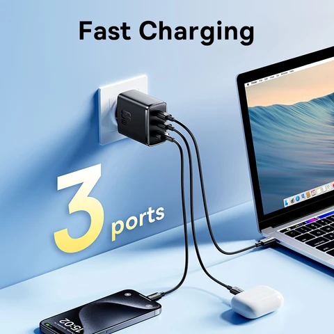 Зарядное устройство Baseus GaN 65 Вт, USB-зарядное устройство PD Charge Type C, поддержка PD QC PPS, портативное быстрое зарядное устройство для iPhone 16 15 14 13 Pro Max, зарядное устройство для ноутбука