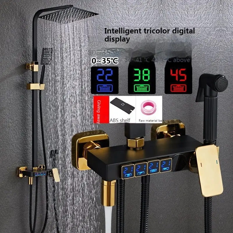 

Black Bathroom shower system copper black button thermostatic shower set 4-speed pressurized hand-held rain shower