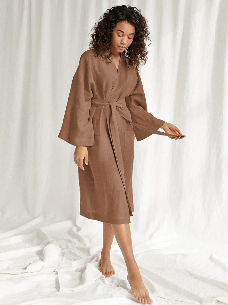 Pickbird Double Pockets Cotton Robes For Women Bathrobes Full Sleeve Light Robes Coverage Loose Albornoces 2022 Bathrobe Female