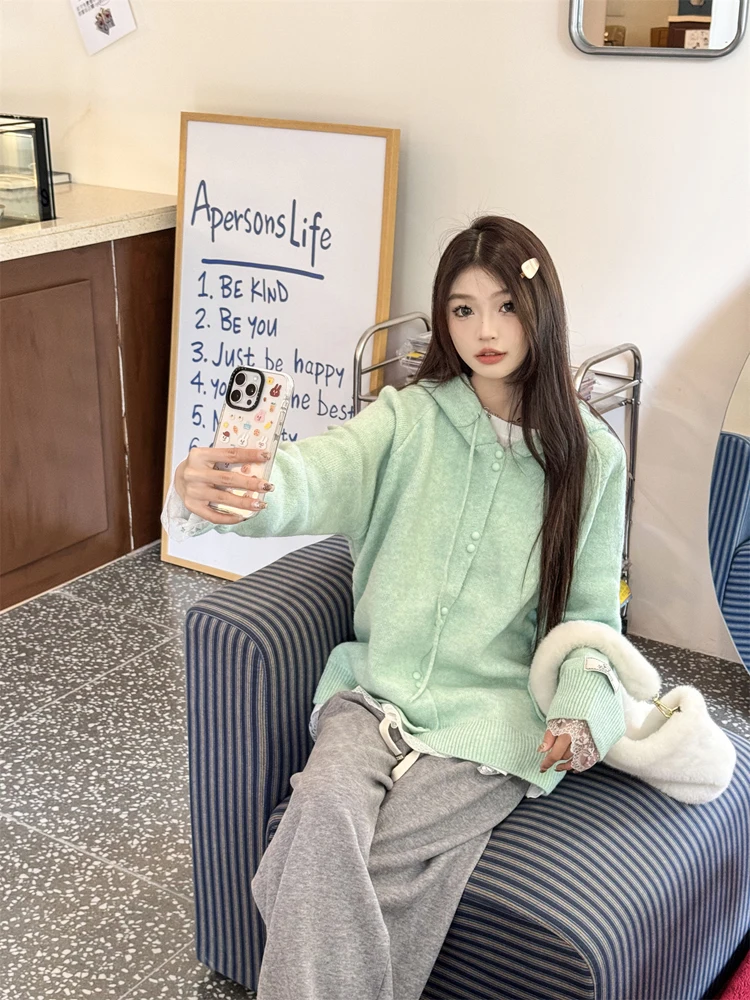 Mint Green Sweater Women Autumn and Winter New Hood Over fit knit Idle Sle Small Pullover Top Outerwear