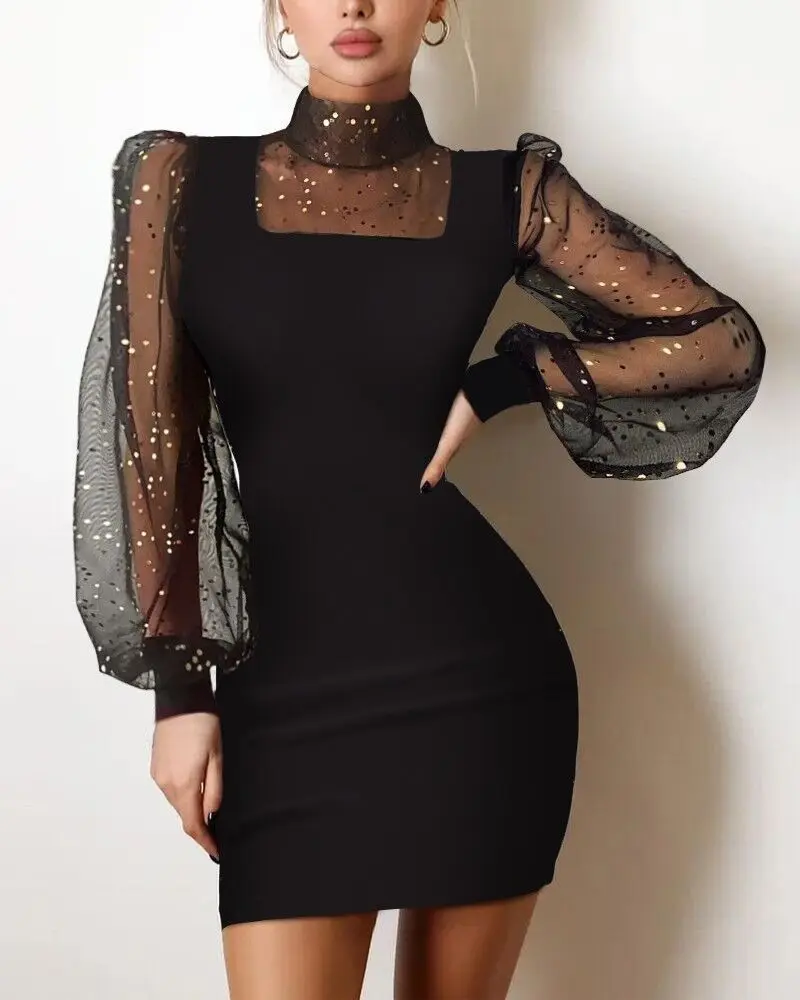 

2022 Black Sequin Long Sleeve Black Sexy Women Dress Shiny Silk Lace Dress Women Slim Mini Dress Party Clothes Bridesmaid Dress