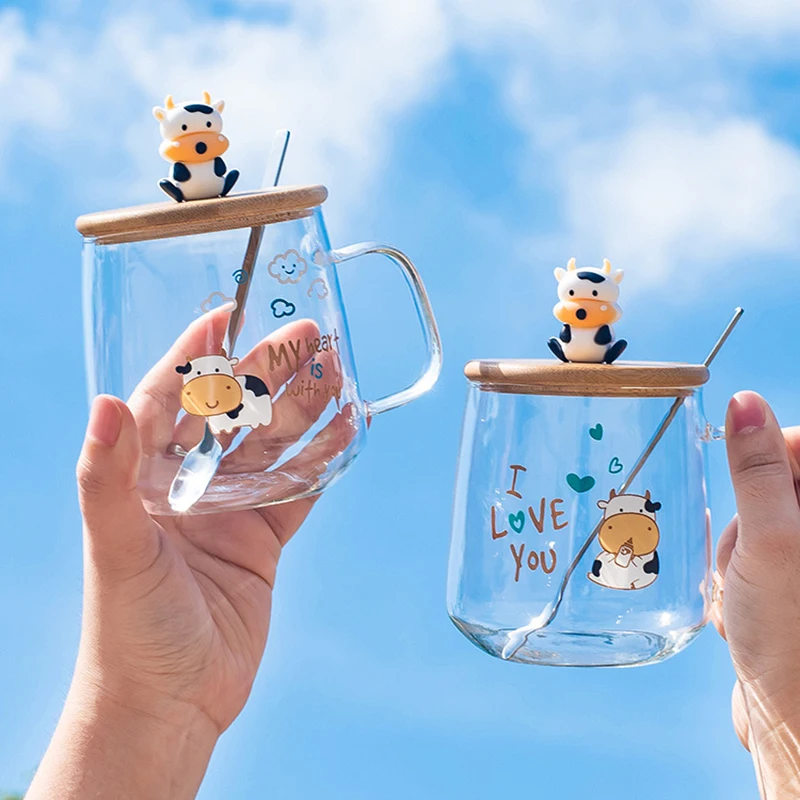 

Cute Mugs Coffee Cups Creative Cartoon Cow Glass Mug With Lid Spoon Drinking Glasses for Drinks Tea Cup Christmas Gift Cupshe