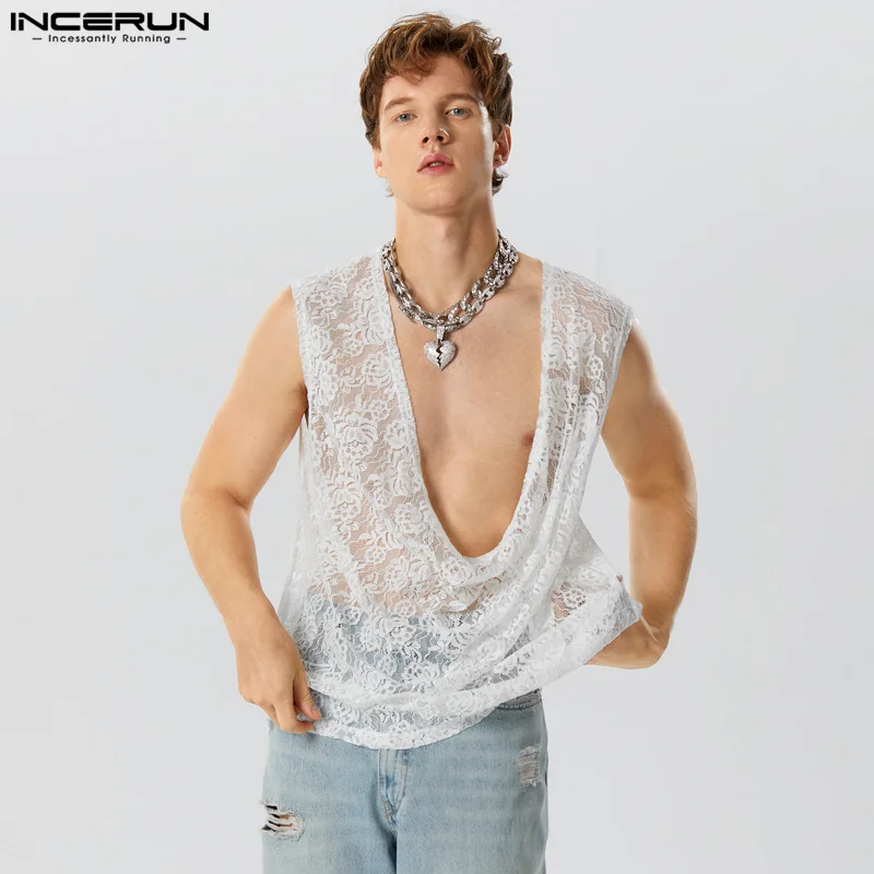 

Men Tank Tops Lace V Neck Sleeveless See Through Streetwear Sexy Male Vests 2023 Loose Fashion Summer Men Clothing S-5XL INCERUN