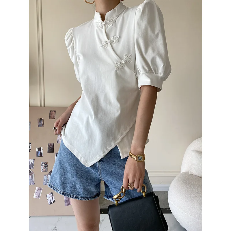 

Chinese Style Fashion Y2k Top Graphic T Shirts Grunge Aesthetic Puff Sleeves Lady Crop Tops Clothes