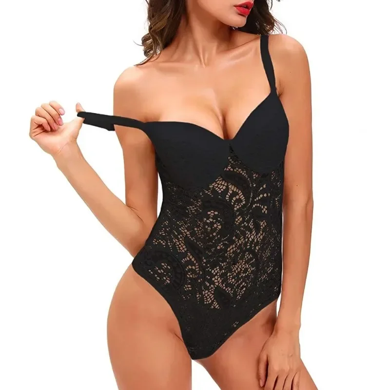 

Black Lace Jumpsuit Fashion Ellolace Sexy Bodysuit Women Transparent Lace Sheer Bridal Teddy Bra Top Boudoir Lingerie Underwear