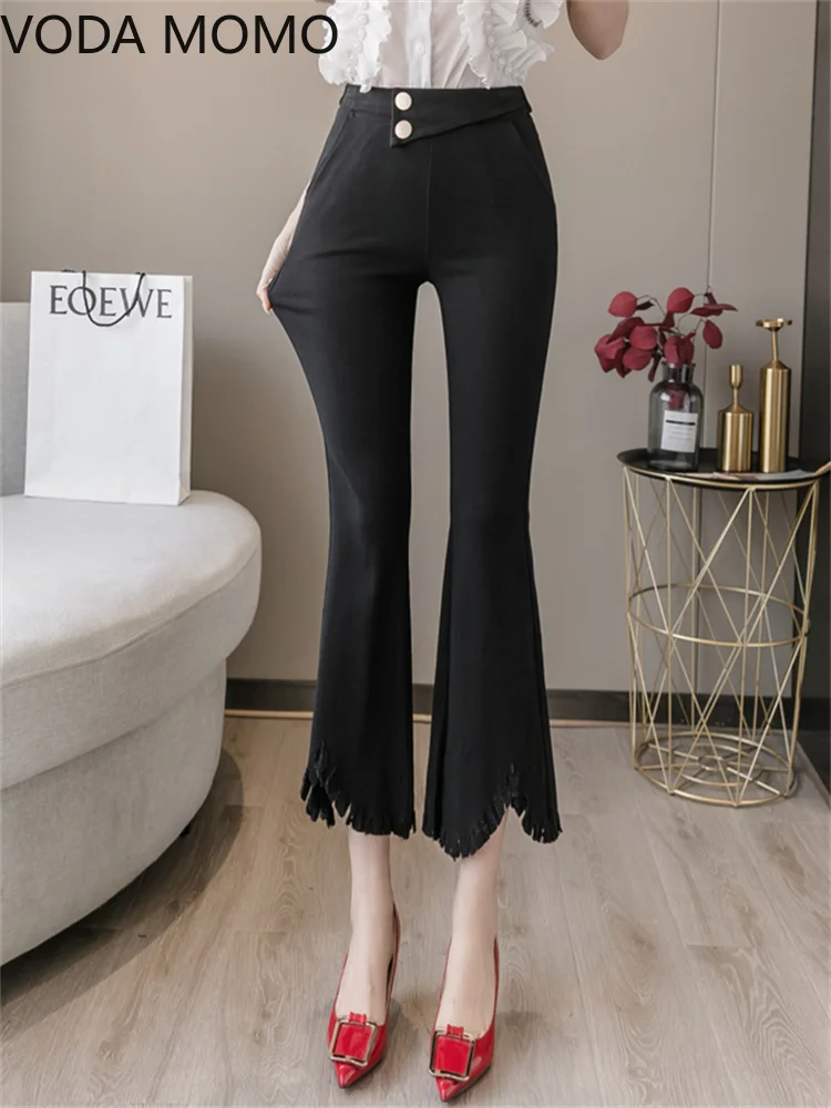 

korean fashion streetwear summer high waist Women's skinny tassel Capris pants for women skinny flare pants woman trousers