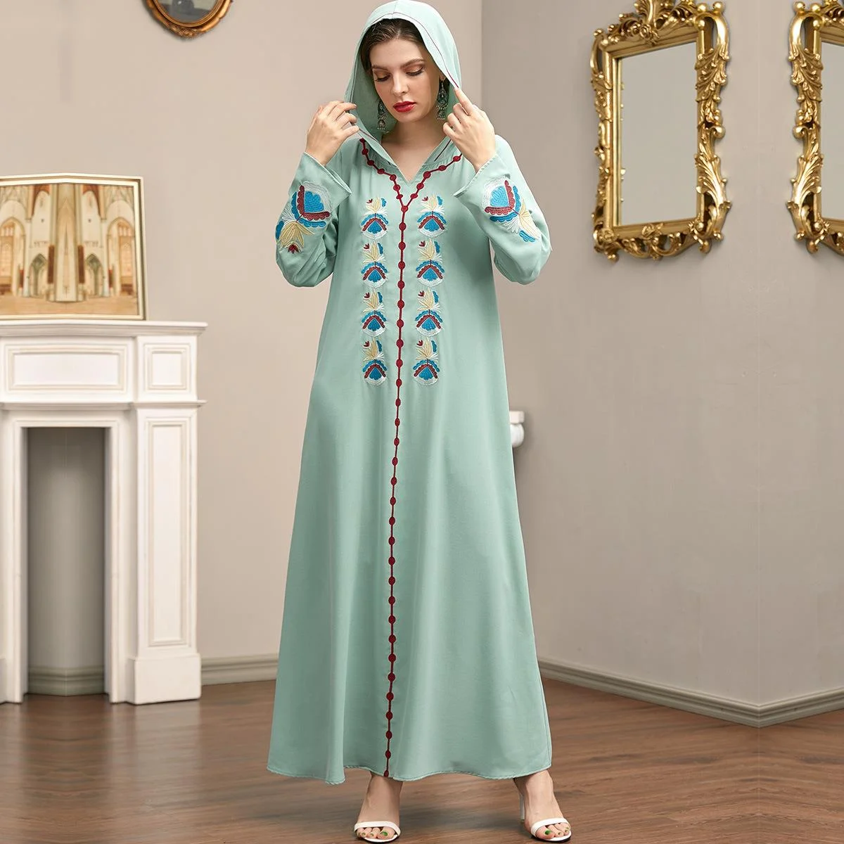 

Morrocan Kaftan Dress Women Long Sleeve Embroidery Fashion Dubai Abaya Djellaba Islam Turkey Arabic Turkish Islamic Clothing