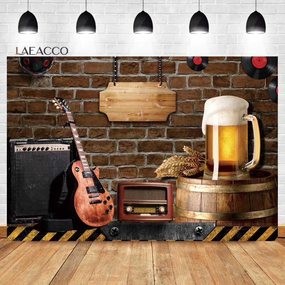 

Laeacco Holiday Cheer And Beer Themed Party Backdrop Interior Brick Wall Guitar Adults Birthday Portrait Photography Background