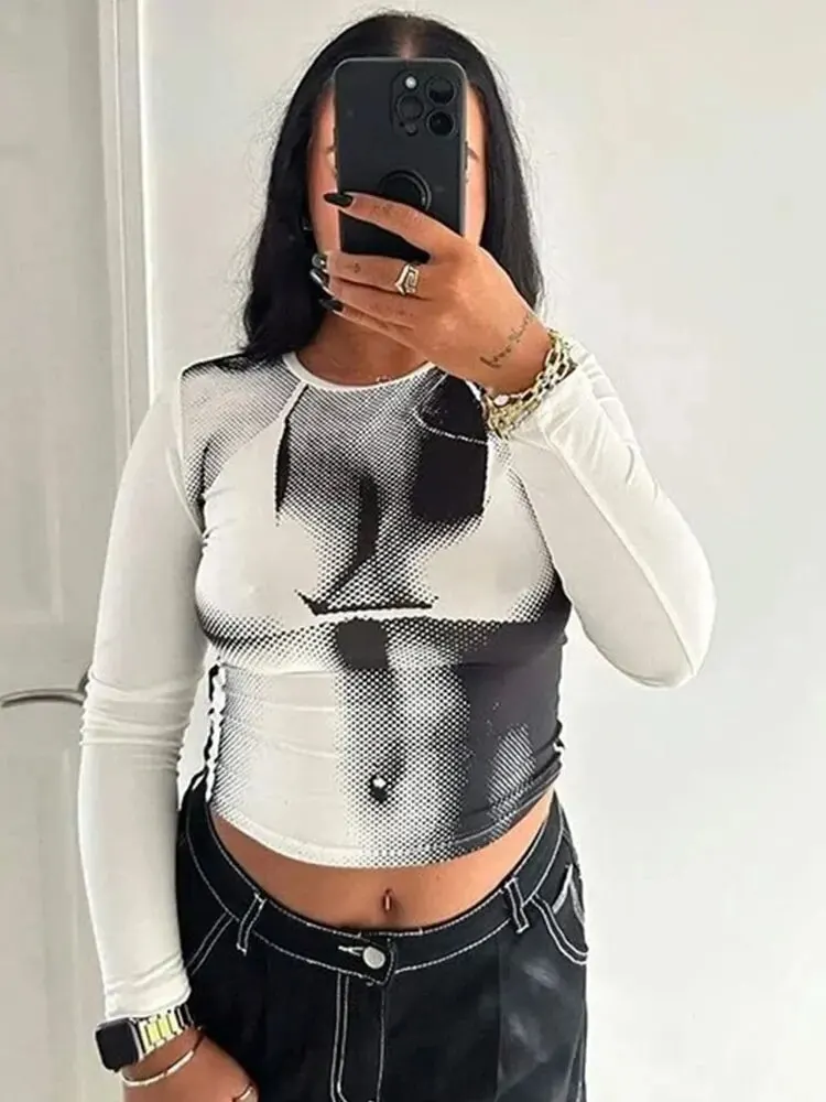 Женский кроп-Топ с длинным рукавом и 3D-принтом в стиле пэчворк