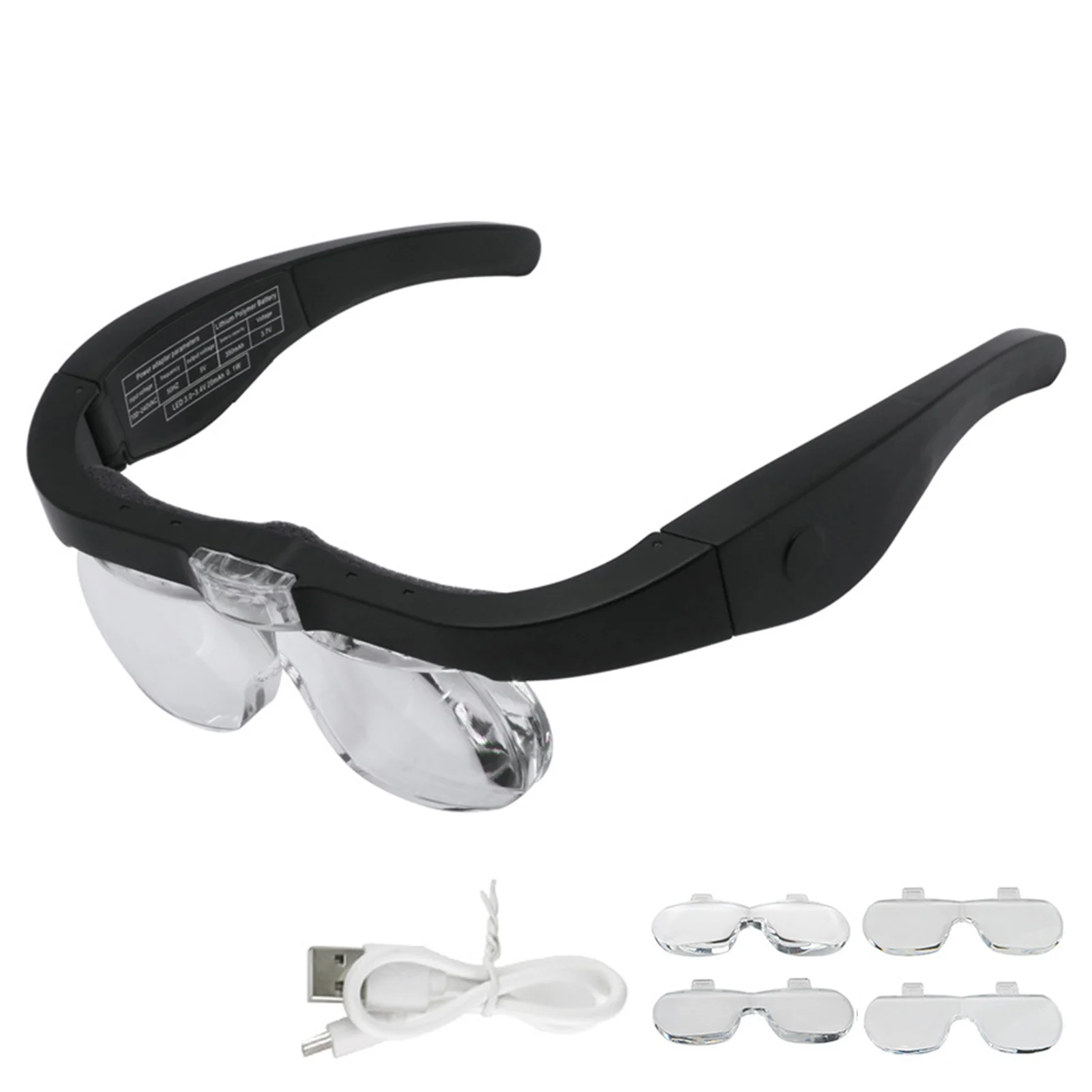 

Close Work Ergonomic 2 Led Lights 4 Detachable Lenses USB Charging Jewellery Appraisal Craft Head Magnifier Glasses Books