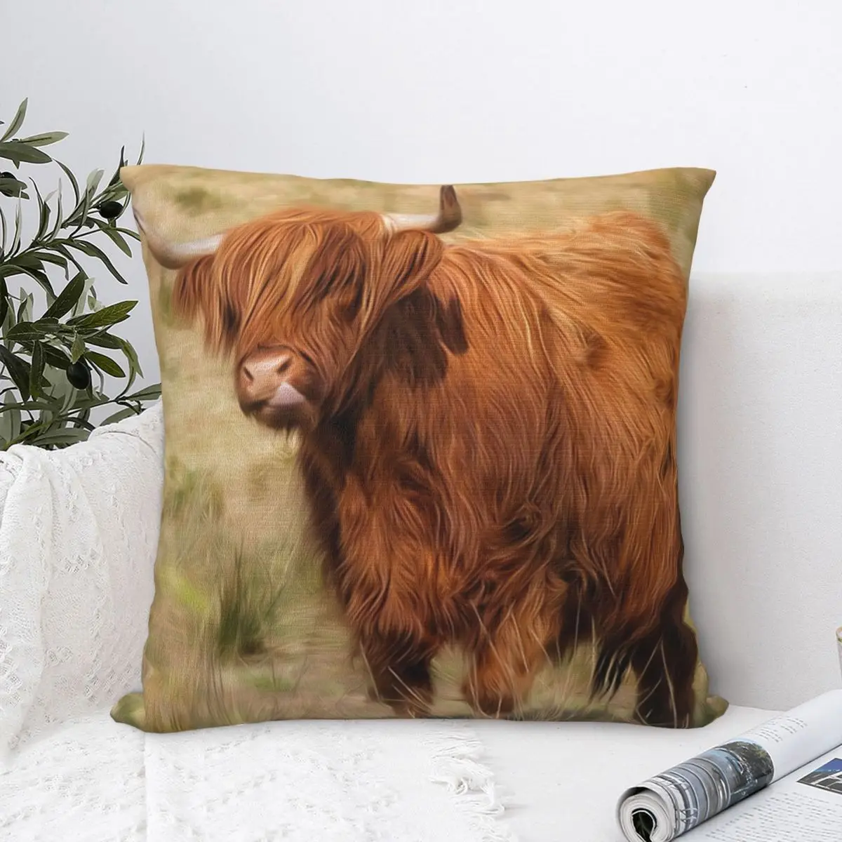 Scottish Highland Cow Pillowcase Polyester Cushion Cover Natural Western Wildlife Animal Cattle Throw Pillow Case Cover 45X45cm images - 6