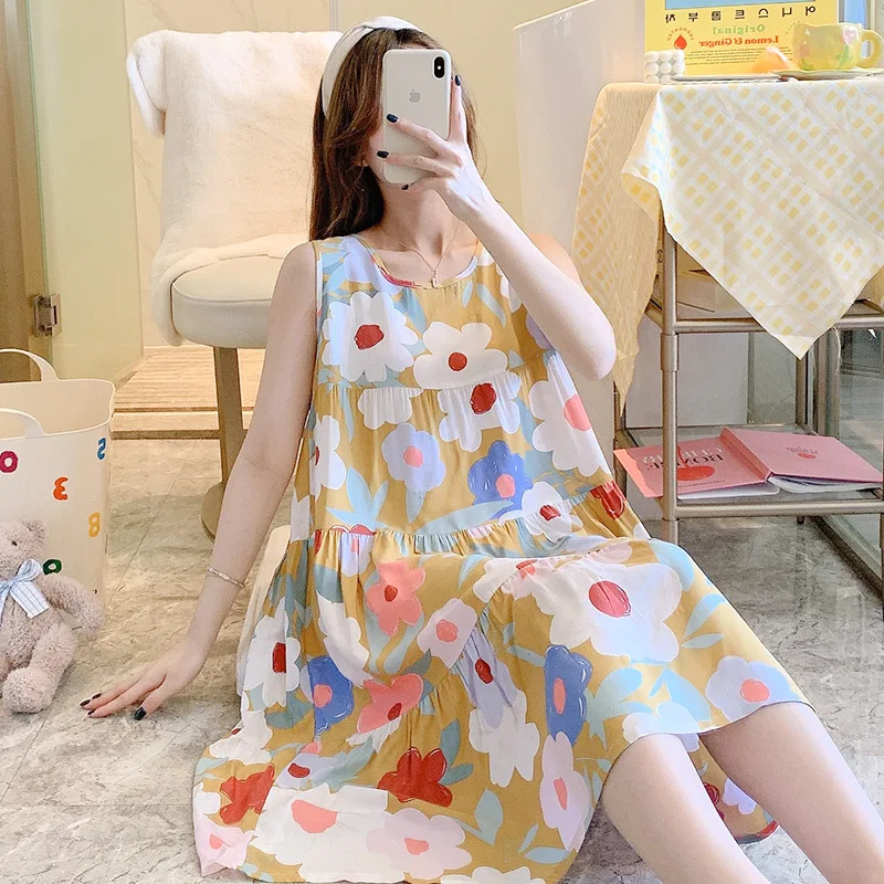 Womens Nightgowns Round Neck Pajama Dress Floral Sleepdress Nightshirt Tank Nightdress Sleeveless Sleepwear Casual Sleepshirt