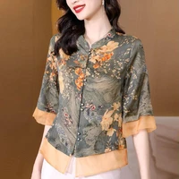 2022 floral print women vintage blouse chinese traditional satin shirts flower pirnt blouse lady daily casual chiffon blouse