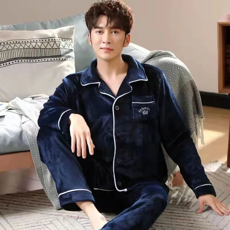 Autumn Winter Man Pajamas Sets Flannel Thick Warm Pijama Male Turn-Down Collar Sleepwear Homewear Casual Pyjama