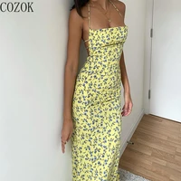 cozok french style summer pastoral yellow with dazzle cross sexy backless spaghetti straps dress slimming slit midi dress