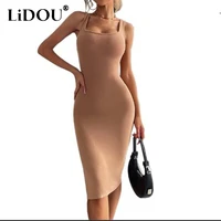 summer square collar solid sexy backless hollow out lace up knitted bodycon dresses women sleeveless elegant party dress vestido
