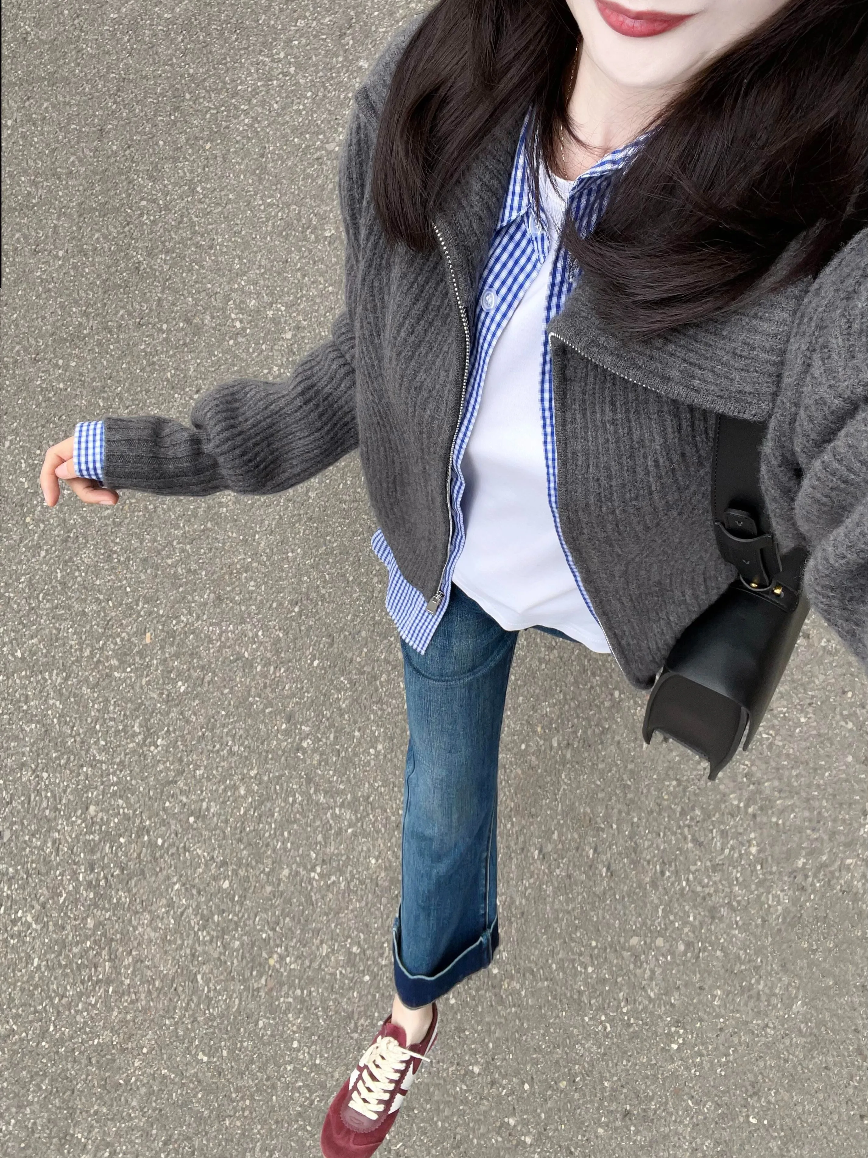 Gray Lapel Zip-up Knit cardigan Outerwear Women Autumn and Winter Long sleeve High-Grade Sense Outer Wear Loose Slimming Lazy... |