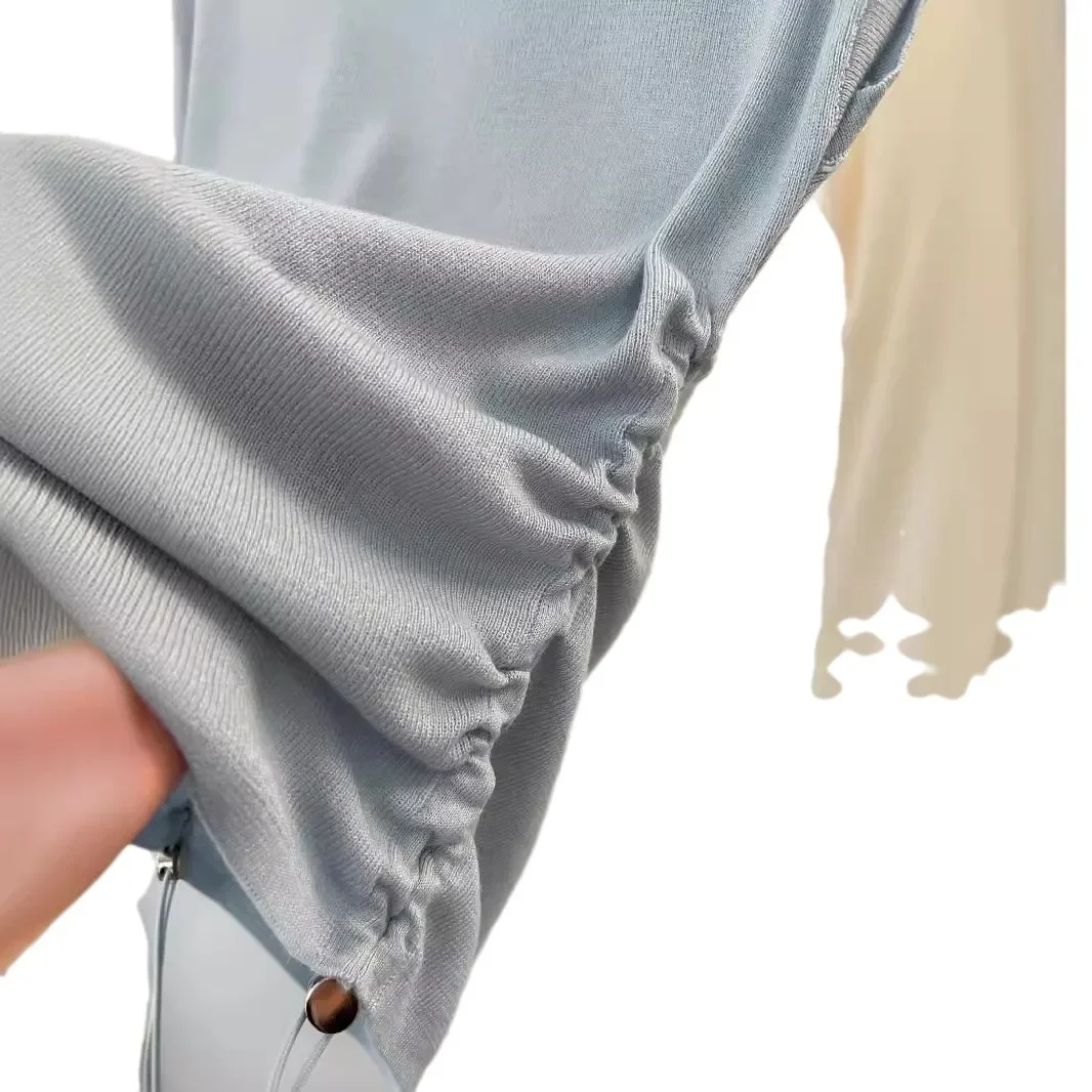 Нежный стиль вязаный топ с круглым вырезом летняя утягивающая женская футболка