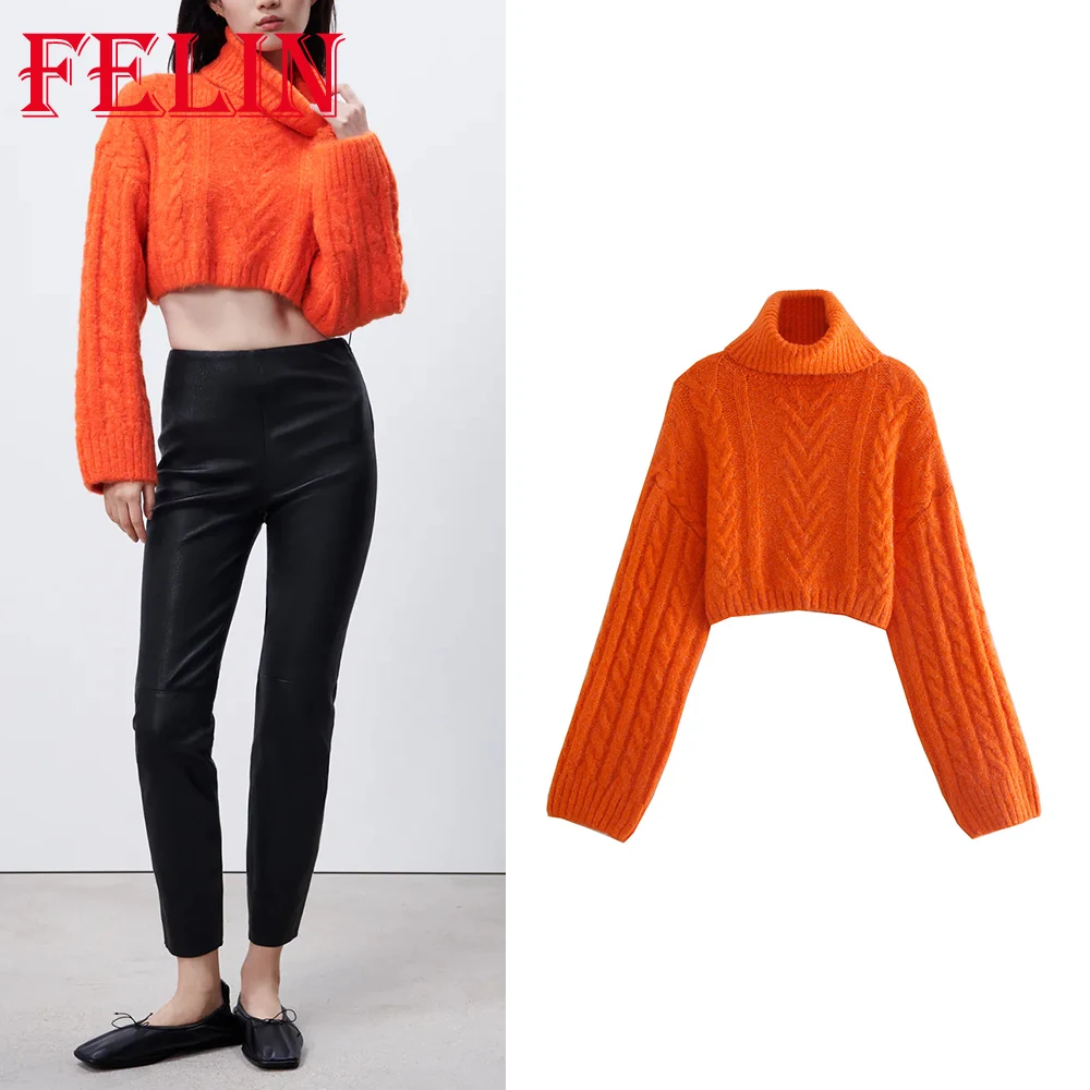 

TRAF 2022 Autumn Winter Woman Fashion Orange Sweater Long Sleeve Turtleneck Female Casual Pullover Elegant Short Tops Mujer