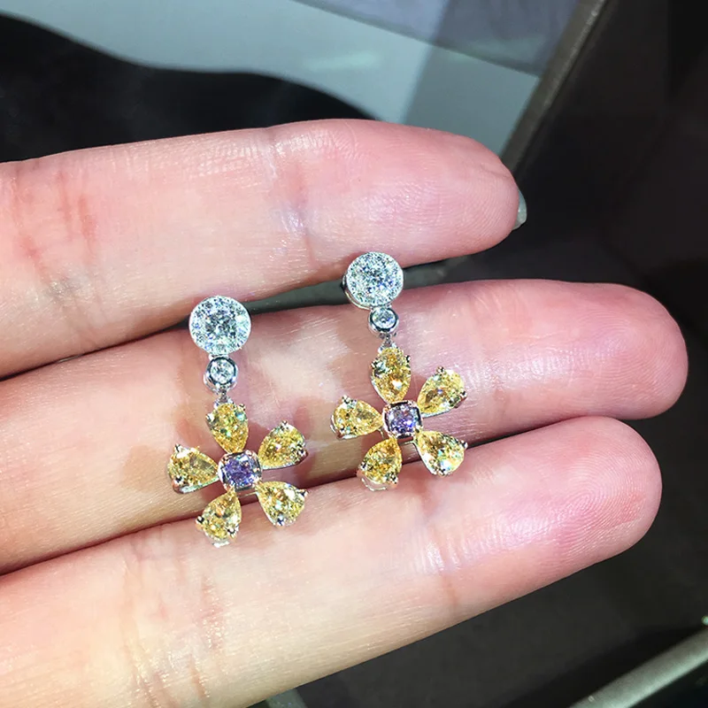 

Huitan Luxury Yellow Flower Dangle Earrings Women Delicate Girls Ear Accessories for Party Brilliant Cubic Zirconia Jewelry 2023