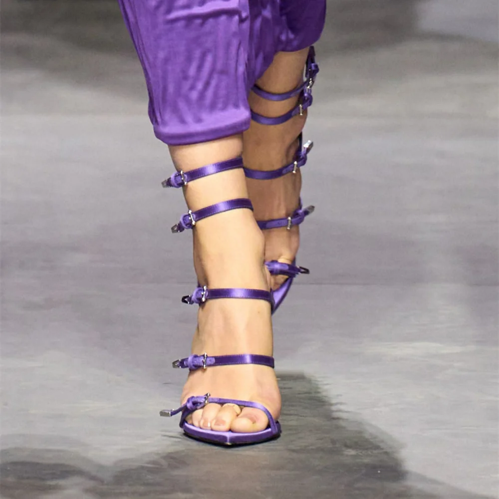 

Summer New Sexy Slim Metal High Heel Sandals Fashion Buckle Women's Shoes Model Show Paris Fashion Week Purple Women Shoes