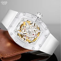 skeleton automatic mechanical watch for men white silicone transparent wristwatch male tonneau clock hombre relogio masculino