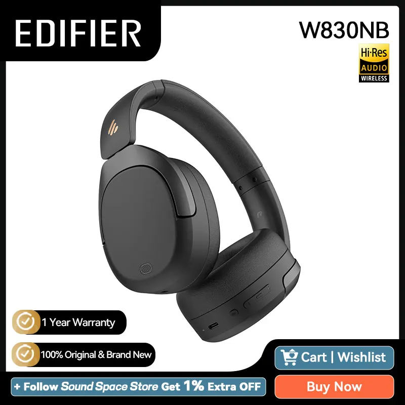 Фото Беспроводные наушники Edifier W830NB Bluetooth 5.4, гарнитура с активным шумоподавлением и высоким разрешением, складные накладные наушники LDAC -45 дБ ANC 94H №1