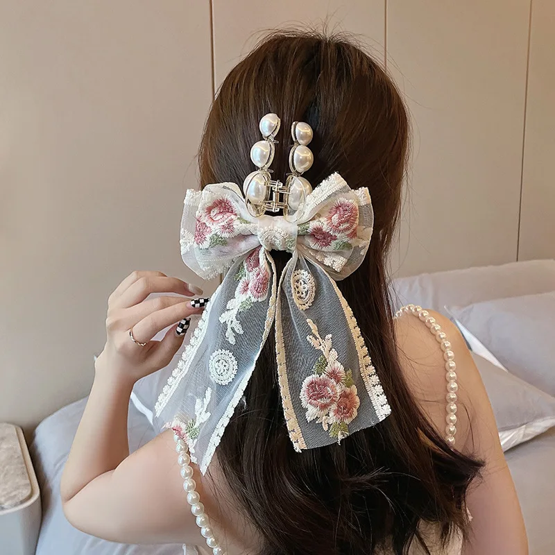 

Fashion Women Girls Lace Bow Pearl Hair Claw Vintage Sweet Hair Accessories Hair Clip Barrettes Ribbon Bowknot Hairpins Headwear