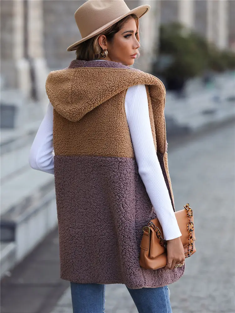 Женский зимний свитер из шерпа без рукавов с капюшоном пушистый флисовый