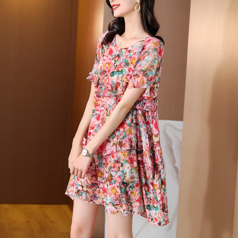 

Женское шелковое платье средней длины, свободное Повседневное платье из тонкой ткани с цветочным принтом, весна 2022