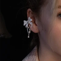 rhinestone pearl bowknot clip earrings for girls women fashion bow punk chain ear cuff without piercing earring trendy jewelry