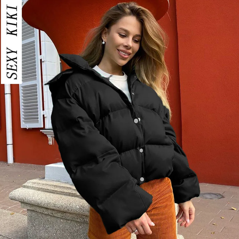 2022 autumn and winter new short style breasted hooded long-sleeved cotton clothes all-match thick cotton coat women