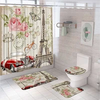 vintage eiffel tower car flower shower curtain set butterfly stamp bathroom curtains non slip bath mat pedestal rug toilet cover