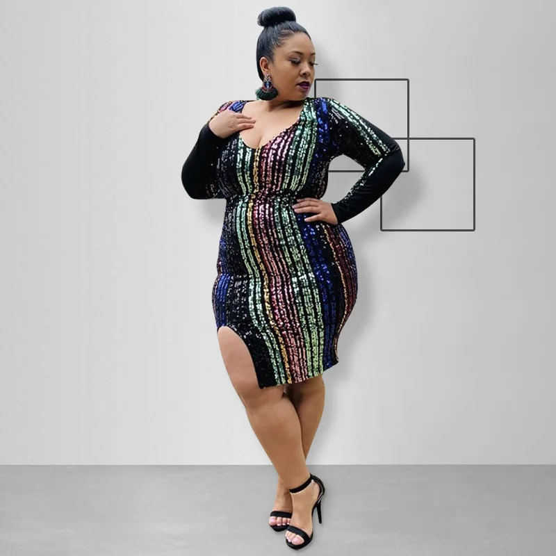 Plus Size Evening Sequin Dress V Neck Split Club Clothing Female Luxury Elegant Robe 2023 Summer Women Trendy Party Mini Dress