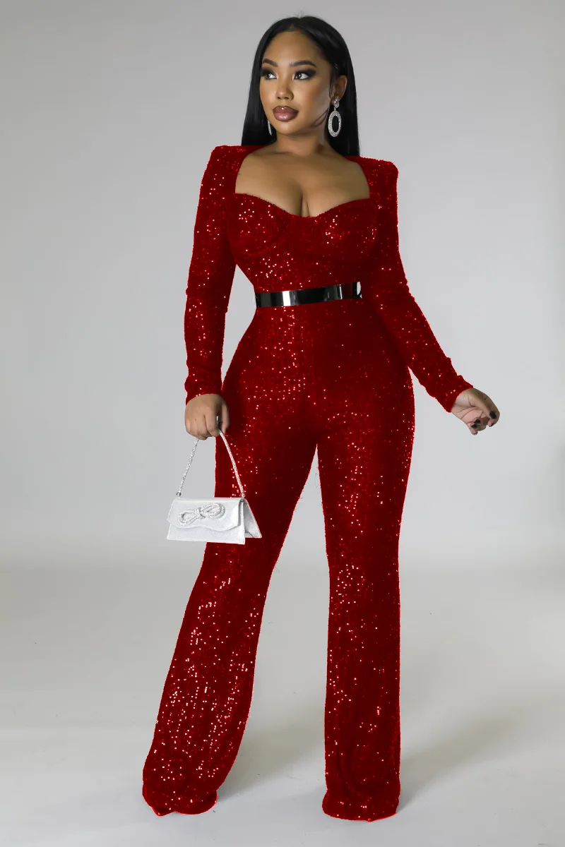WUHE Elegant Glitter Sequin Jumpsuit Women Sexy Party Night Evening Overalls Long Sleeve Square Neck Formal Rompers Occasion