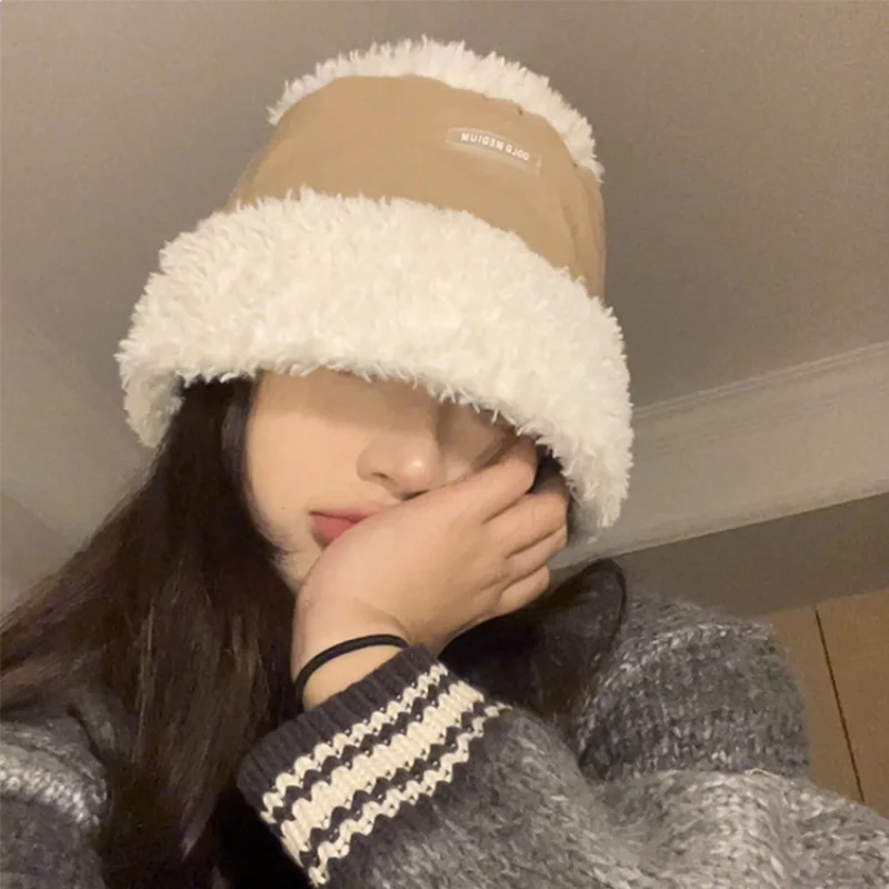 

Korean Teddy Velvet Leather Splicing Panama Bucket Hat Winter Thickened Warm Plush Fisherman Caps Sombreros De Mujer