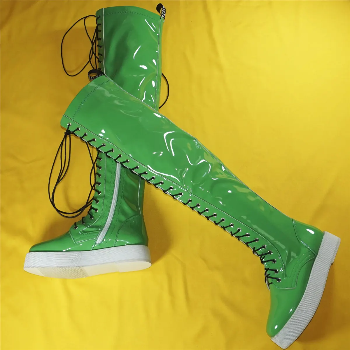 Green Platform Pumps Shoes Women Lace Up Patent Leather Over The Knee High Boots Female Round Toe Fashion Sneakers Casual Shoes
