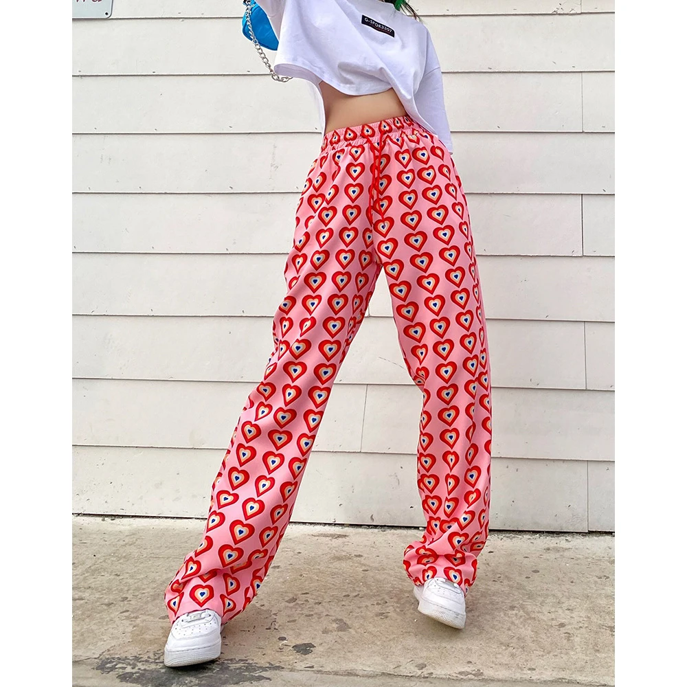 

Y2K Women Wide-Leg Cargo Pants Loose Heart Print High Waist Drawstring Waistband Wide-Leg Pants Vacation Travelling Party Pink
