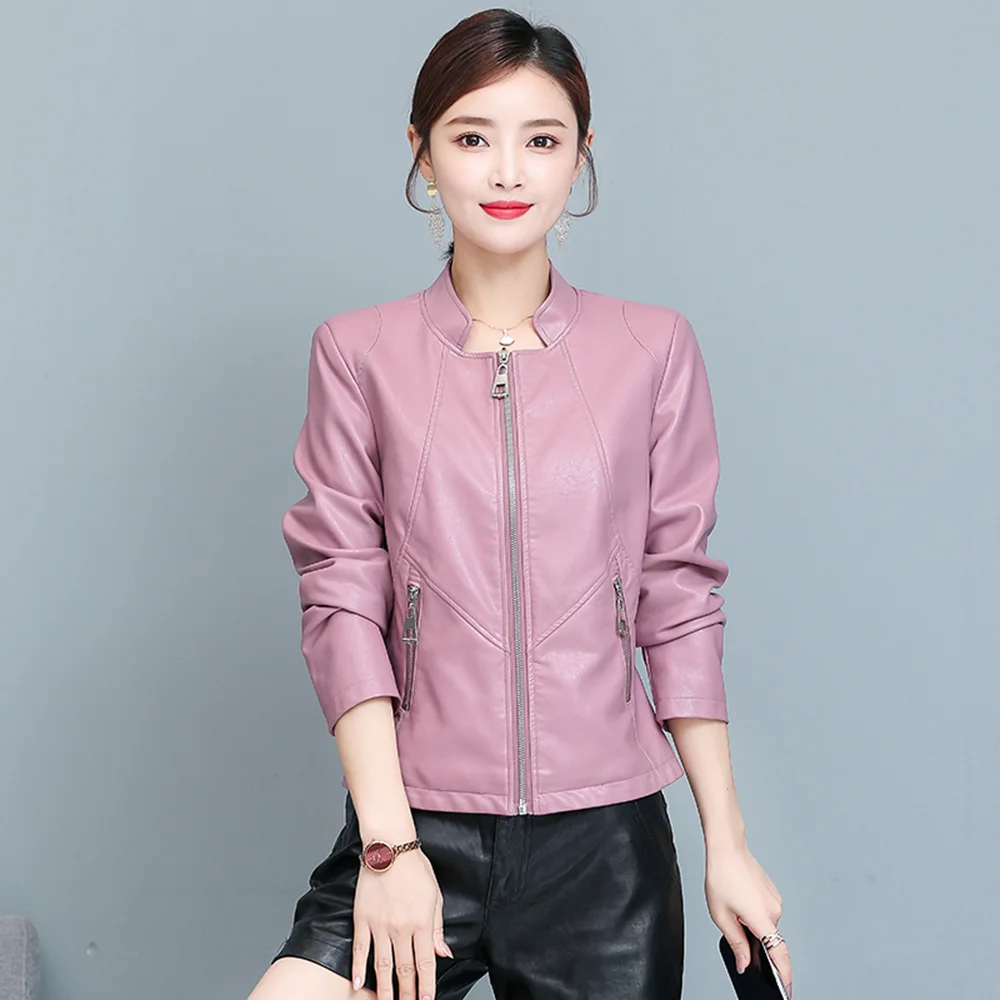 New Women Leather Jacket Spring Autumn Fashion Trend Small Stand Collar Slim Waist Split Leather Short Coat Cool Pink Outerwear