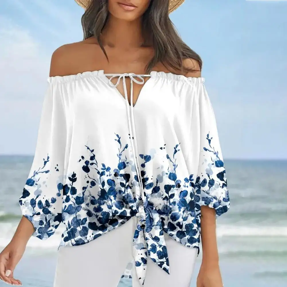 

Lantern Sleeve Off Shoulder Women Blouse Vivid Color Revealed-Back Long-sleeve Shirt Exquisite Pattern Summer Top For Daily Wear
