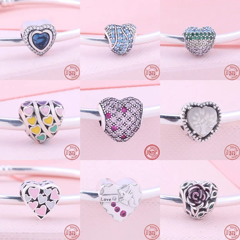 

925 Silver Heart Shaped Charm I Love You Mom Paw Print Pavé Hollow Shiny Beads Fit Original Pandora Charms Bracelet DIY Jewelry