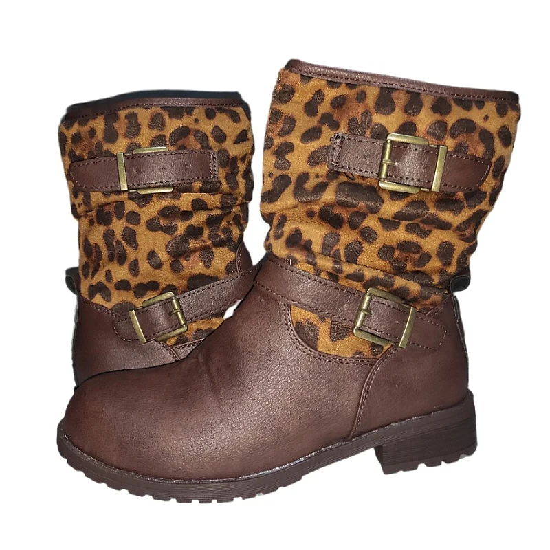

Vintage Motorcycle Cowboy Boots Women Boots New Leopard Print Round Toe knight Boots Belt Buckles Desert Boots Work Safety Shoe